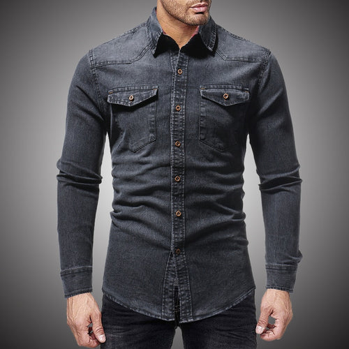 Black Denim Shirt Men Casual Fit Slim Long Sleeve Shirts 2018 Autumn Cotton Jeans Dress Shirt Mens Clothing Plue Size WY102