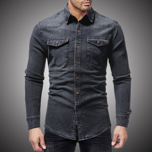Black Denim Shirt Men Casual Fit Slim Long Sleeve Shirts 2018 Autumn Cotton Jeans Dress Shirt Mens Clothing Plue Size WY102