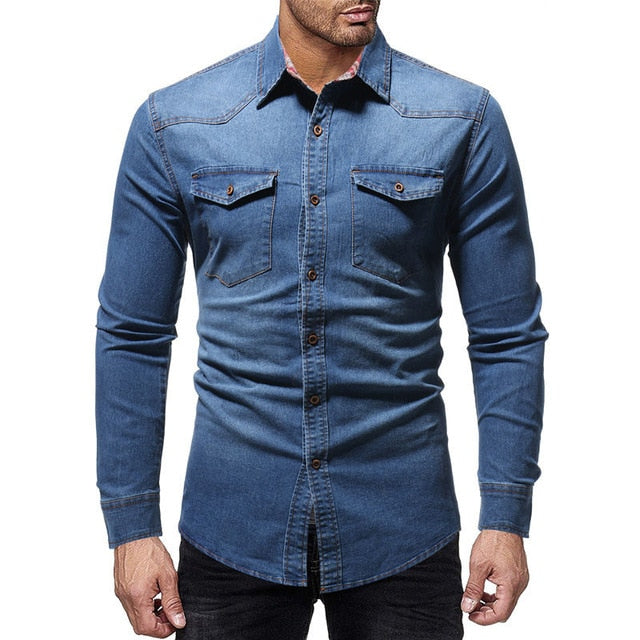 Black Denim Shirt Men Casual Fit Slim Long Sleeve Shirts 2018 Autumn Cotton Jeans Dress Shirt Mens Clothing Plue Size WY102