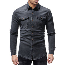 Load image into Gallery viewer, Black Denim Shirt Men Casual Fit Slim Long Sleeve Shirts 2018 Autumn Cotton Jeans Dress Shirt Mens Clothing Plue Size WY102