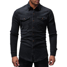 Load image into Gallery viewer, Black Denim Shirt Men Casual Fit Slim Long Sleeve Shirts 2018 Autumn Cotton Jeans Dress Shirt Mens Clothing Plue Size WY102
