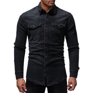 Black Denim Shirt Men Casual Fit Slim Long Sleeve Shirts 2018 Autumn Cotton Jeans Dress Shirt Mens Clothing Plue Size WY102