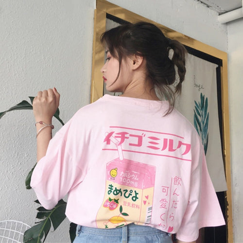 Korean Korea Women Fashion Clothing Summer Letter Print Casual Preppy Pink Loose T shirt Tops