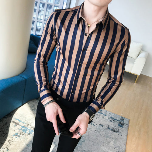 Brand Designer Men Shirt Autumn New Top Quality Striped Business Shirt Men Slim Fit Long Sleeve Gentlemen Men's Clothing Blouses